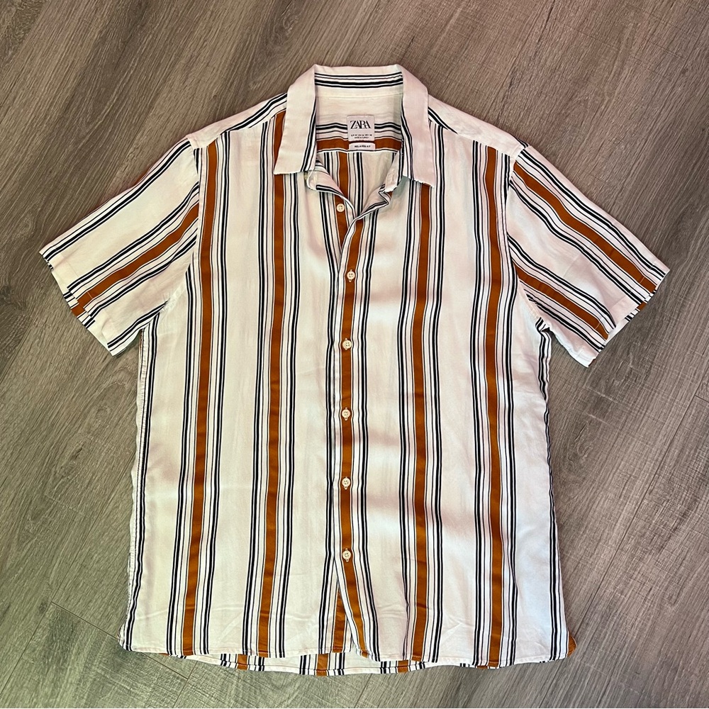 Zara Men's Casual Striped Shirt - White, Rust, Black